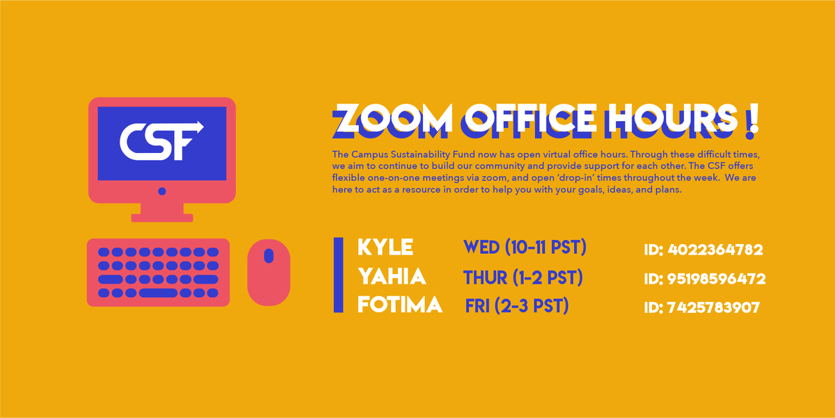 uwcsf's tweet photo. Did you know that the Campus Sustainability Fund has virtual office hours? 
We offer flexible one-on-one meetings via zoom, and open ‘drop-in’ times throughout the week. We are here to act as a resource in order to help you with your goals, ideas, and plans.
Zoom links in Bio! https://t.co/oKINrWp28S