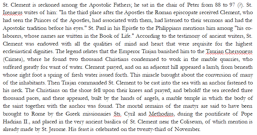 First are Sts. Linus, Cletus, and Clement, the first three popes in succession of Peter. Of these men, little is written; you can imagine the tumult of the earliest Church history that marked the transition from the Apostolic age into the period of the early Fathers.