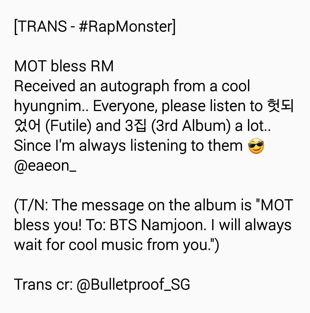 In March 2016, Joon was excited to get an eAeon autographed copy of that Mot’s album. (Tangent comment: he was such an adorable genuine fan!) +  https://twitter.com/bts_twt/status/707018084897284098