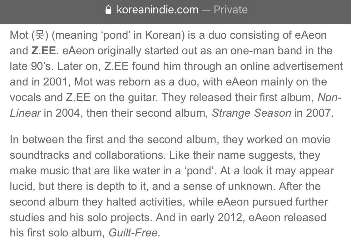 Rewind more: eAeon is part of an indie band (duo) Mot 못 as vocalist and composer, formed in ~2001. Hugely talented, influential, with a unique sound fusing electronic elements with rock sounds & even jazz influences. eAeon also has solo work and is part of Night Off 나이트오프 +