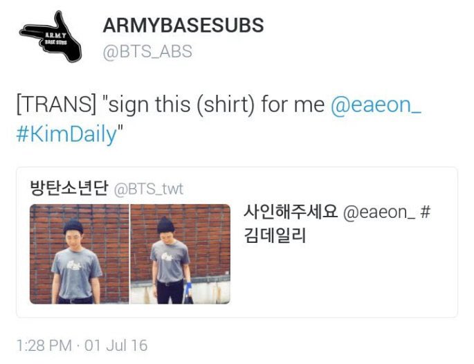 The next day, July 1 2016, Namjoon tweeted a KimDaily of himself wearing a Mot merch t-shirt, and asking eAeon to also sign itJoon even wore the t-shirt to the airport and was papped in it, which eAeon commented on and RT’d + https://twitter.com/bts_twt/status/748710993409089536?s=21