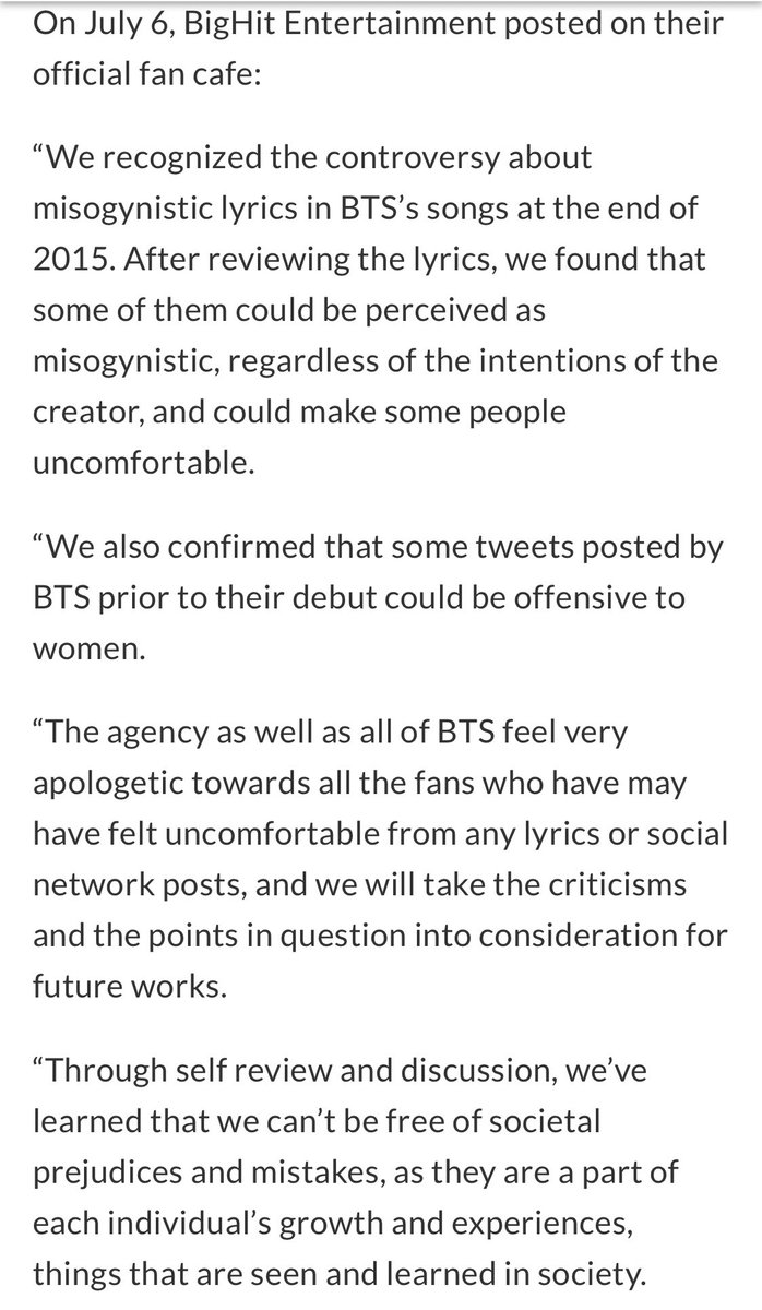 Some more context time: During this period, BTS were getting a lot of online hate & criticism as ppl pointed to lines in some songs (WoH, Converse High, RM’s Joke, etc) & also to a Yoongi 2013 pre-debut wordplay twt as being misogynistic. BH released a statement on July 6, 2016 +