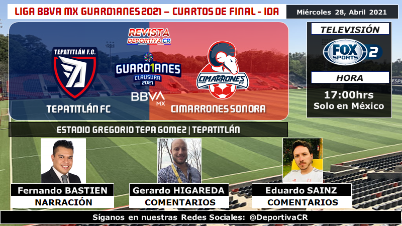 DeportivaCR's tweet photo. 🏆 @LigaMXExpansion 2021 | Cuartos de Final IDA
🇲🇽 @TepatitlanFC v @CimarronesFC
🎙️ @FerBastien @GHigaredaS @lalosainz
⏰17:00hrs MEX por @FOXSportsMX 2
🇨🇷 #Guard1anes2021 #TEPSON #FutDeportivaCR https://t.co/40ymiL7ofW