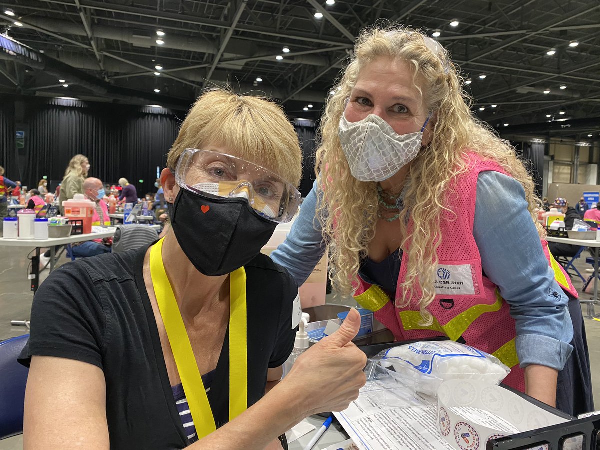 Big shout out to Annalisa and Cathy. People like these two women are saving lives with their humble service. Second one down! #ThankYou #KissMyVax #bestshotseattle #almostthere