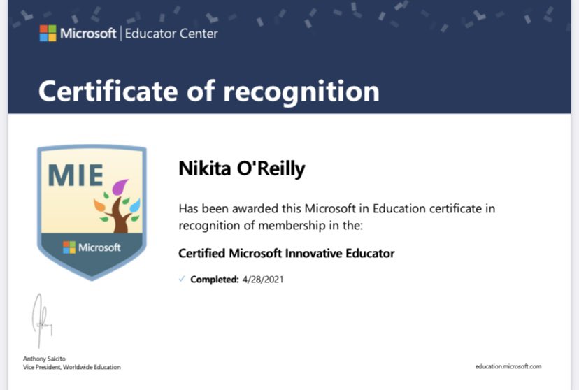 ms_oreillyn's tweet photo. So many amazing courses on the @MS_eduIRL website 💻 Delighted to become a Certified Microsoft Innovative Educator 👩🏻🏫 looking forward to completing more courses during the summer break 😊
#MicrosoftMIE https://t.co/iiCf9m6v4A