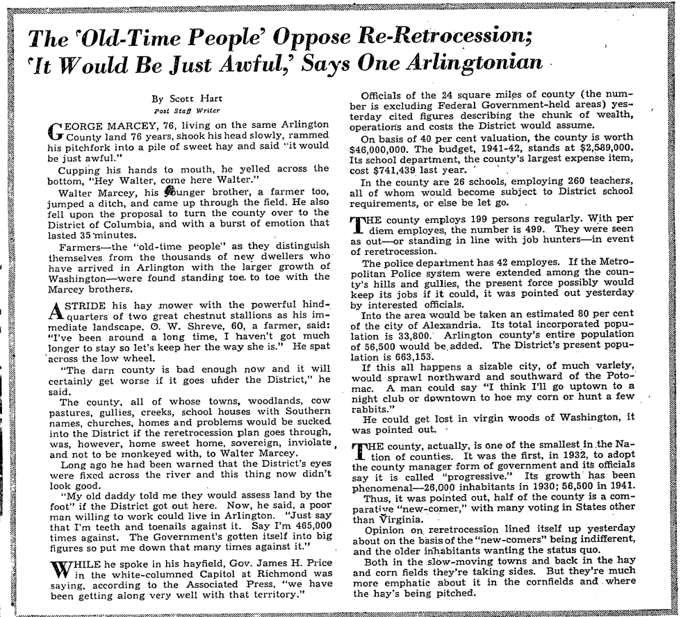 "[Arlington] County is bad enough now and it will certainly get worse if it goes under the District," said farmer in 1941.