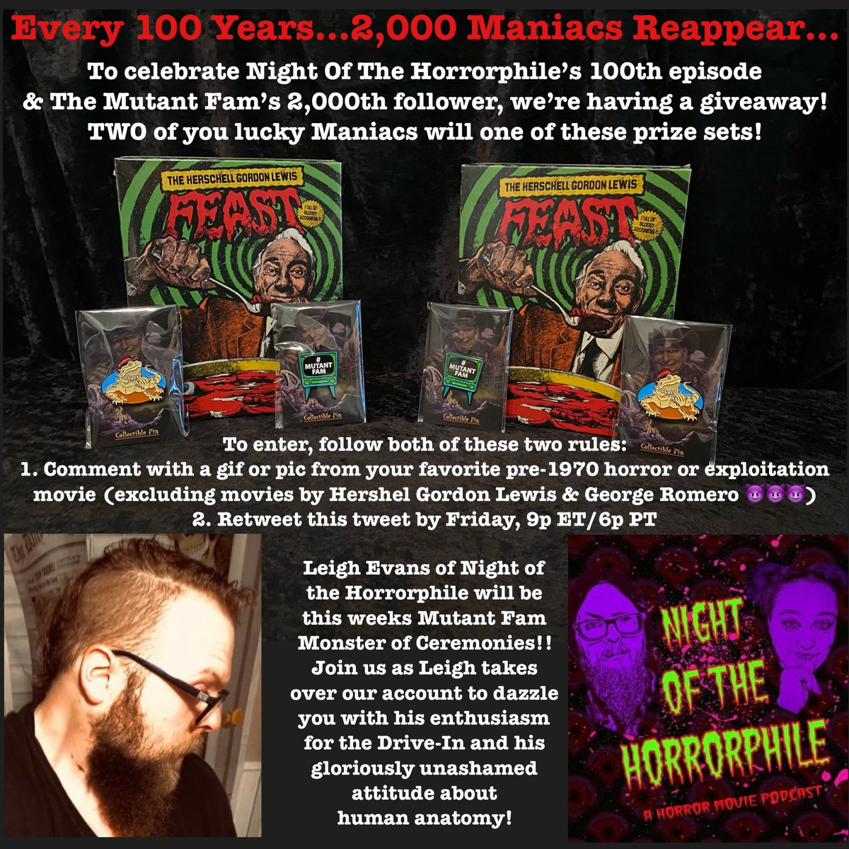 TheMutantFam's tweet image. The Mutant Fam is proud to present our latest giveaway to celebrate you 2,000+ Maniacs joining together!

Comment &amp;amp; retweet, but double check the rules…

Winner will be announced Sunday during our Drive-In Do-Over watch party, which starts at 3p ET

Good luck!

🎃🖤🎃
#MutantFam