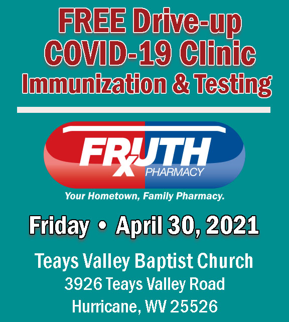 FruthPharmacy's tweet photo. FREE Drive-up COVID-19 Vaccines &amp; Testing. Teays Valley Baptist Church, Hurricane, WV. Fri, April 30th, 9 am-1 pm. Pfizer, Moderna, &amp; Johnson/Johnson, 1st &amp; 2nd doses available. 2nd shot, bring vaccine card to verify 1st dose. Please bring photo ID &amp; insurance or Medicare card. https://t.co/nb9xQz1CRQ