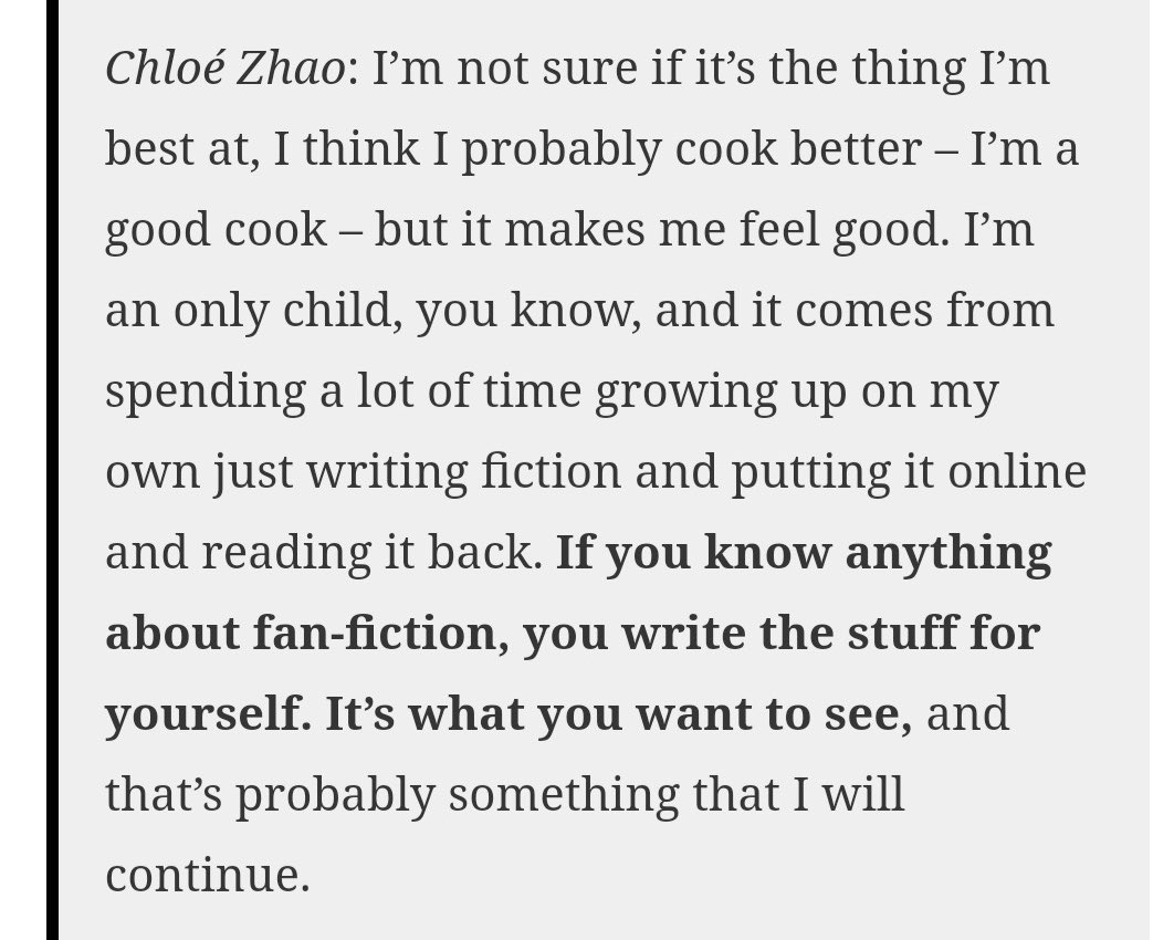dalla_nebbia's tweet image. for any fic writers out there who need it, a tidbit of wisdom from a fellow author, chloé zhao — 

“... you write [fanfiction] for yourself. it’s what YOU want to see.” 

don’t let anyone dictate what or how you write, because at the end of the day, your fics are for you.