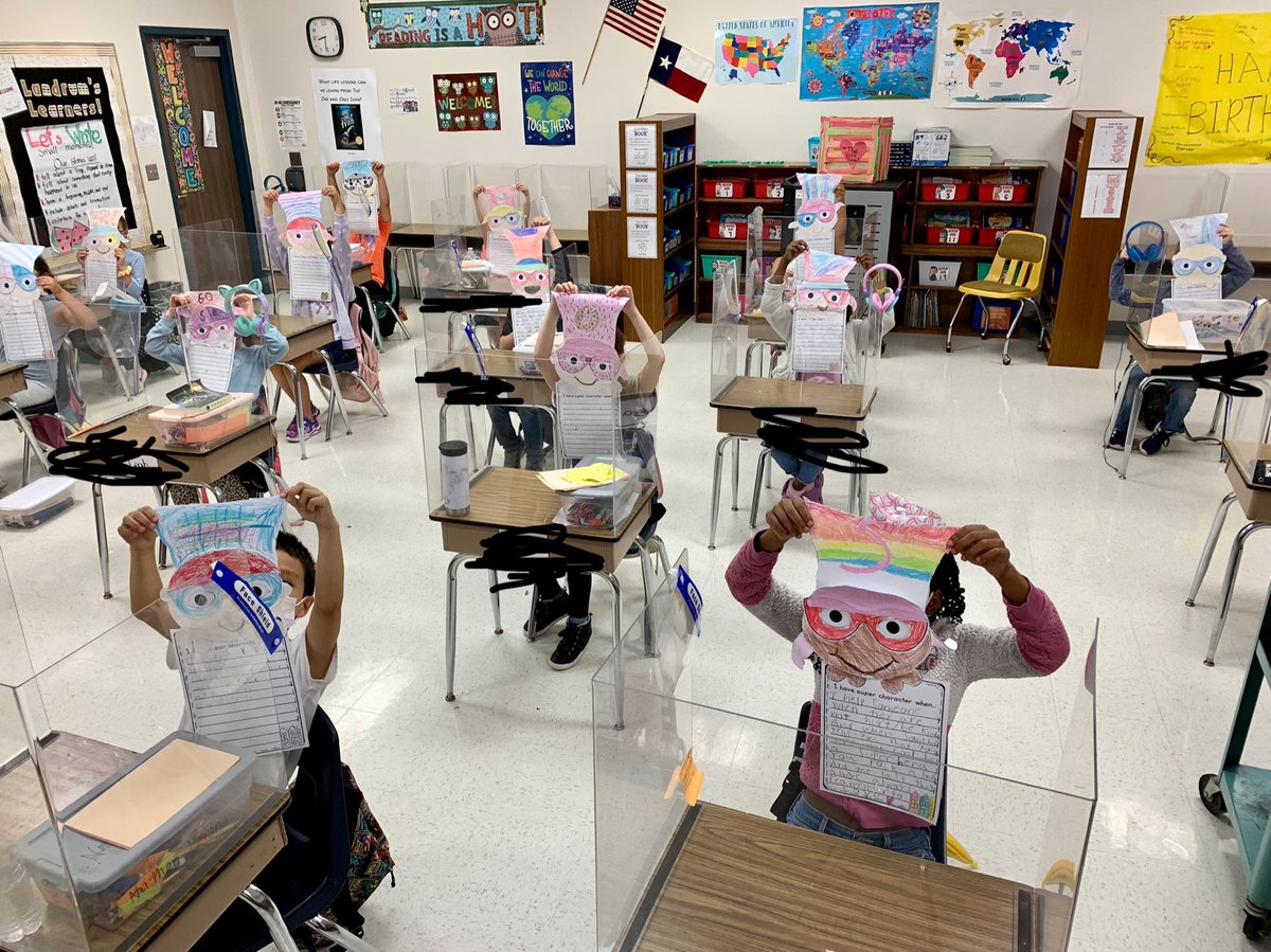Rowlett2ndGrade's tweet photo. The world is in safe hands with our 2nd grade superheroes protecting us! 🦸🏻🦸🏻‍♀️ @Rowlett_Bobcats #rowlettelementarysurvivors #NationalSuperheroDay https://t.co/445xHzVPJc