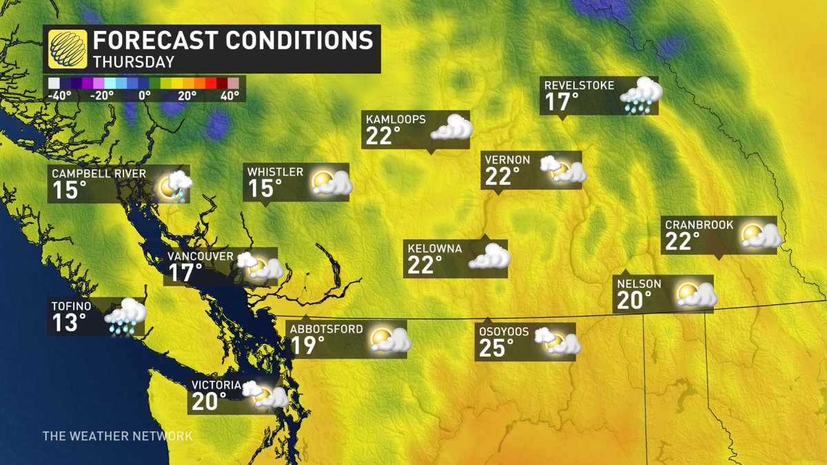 jwhittalClimate's tweet photo. A gorgeous day for the B.C. interior tomorrow! Osoyoos up to 25 C with sun and cloud! Most of the moisture will stay on the central and northern coast this week. @weathernetwork @miawgordon #BCstorm #BCwarmth https://t.co/2RneAcZTEJ
