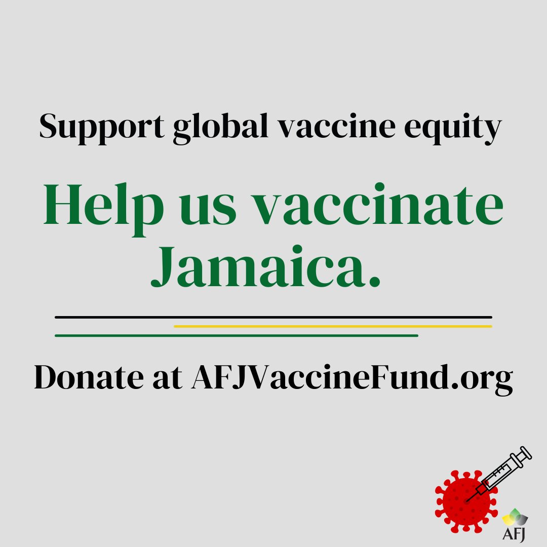 Help us increase the percentage of vaccinated Jamaicans and stop COVID-19. Support global vaccine equity by donating at AFJVaccineFund.org

#AFJVaccineFund #VaccinateJANow #VaccinateJA #COVID19 #GetVaccinated #Jamaica #COVID19Vaccine #DontHesitateVaccinate #afjcares