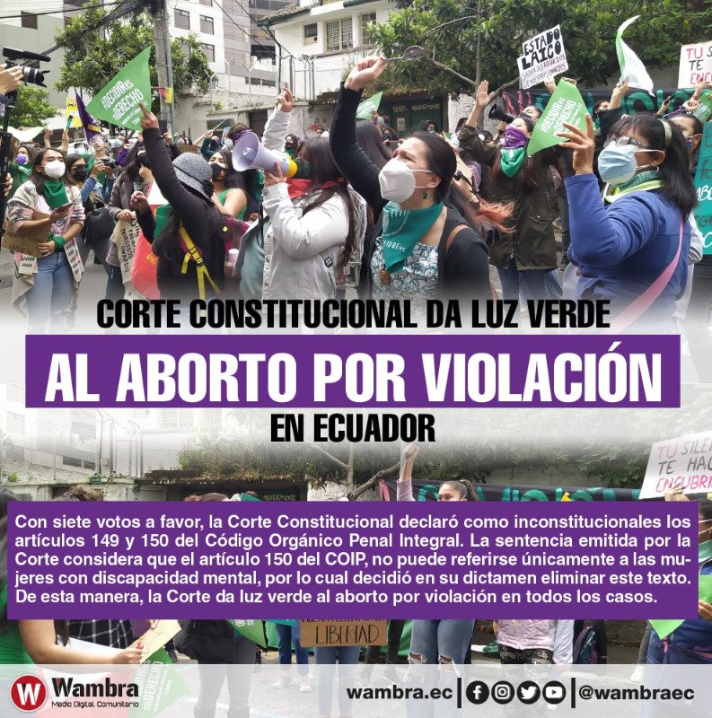 🇪🇨✊🏼💚 ¡Lo lograron, compañeras! En #Ecuador es legal que TODAS las víctimas de violación puedan acceder a un aborto legal. La <a href="/CorteConstEcu/">Corte Constitucional</a> hoy falló a favor de la vida y la salud. 

#EsLey 

Toda la info la leen en <a href="/wambraEc/">Wambra Medio Comunitarioᅠ</a> 💚💚💚