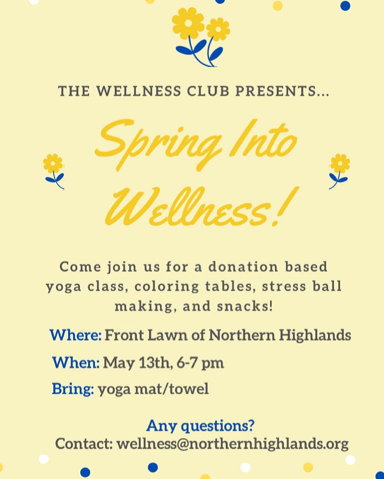 NHRHSwellness (@nhrhswellness) on Twitter photo We are so excited to announce our spring into wellness donation based yoga event! Please consider joining us!To donate snacks or supplies email wellness@northernhighlands.org or venmo @nhrhswellness. All proceeds go to the American Foundation for Suicide Prevention We are so excited to announce our spring into wellness donation based yoga event! Please consider joining us!To donate snacks or supplies email wellness@northernhighlands.org or venmo @nhrhswellness. All proceeds go to the American Foundation for Suicide Prevention