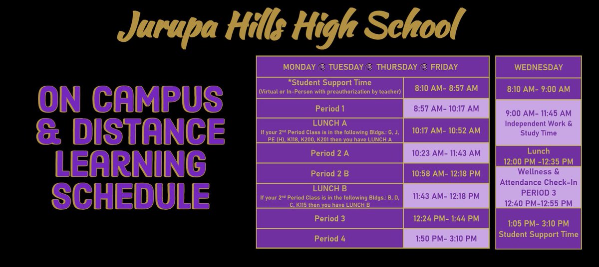 We are excited to welcome back our Spartan students on Monday, May 3rd.  Please review the updated schedule below for the students coming back to school in person and/or remaining on distance learning. 
<a href="/JHillsAthletics/">JHillsAthletics</a> <a href="/JHHSASB/">JHHS ASB</a> <a href="/JHillsAVID/">Mrs. Kohler</a> <a href="/JHillsLinkCrew/">Jurupa Hills Link Crew</a> <a href="/JHHSMusic/">Jurupa Hills Music</a>