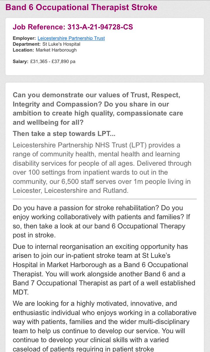 Paula Otter (@paulaotter1) on Twitter photo Exciting opportunity to come and work with us as a Band 6 OT in stroke rehab ā¦<a href="/LPTnhs/">Leicestershire Partnership NHS Trust</a>ā© <a href="/lptlukes/">LPTStLukesStrokeTeam</a> Take a look ā¬ļøā¬ļøā¬ļø jobs.nhs.uk/xi/vacancy/916⦠ā¦<a href="/CHSInpatientLPT/">CHS Inpatient Wards</a>ā© ā¦<a href="/skashton/">Susannah</a>ā© ā¦<a href="/smithyphysio/">smithyphysio</a>ā© ā¦<a href="/ClaireTurvey/">Claire Turvey</a>ā© ā¦<a href="/MiralJoshi14/">Miral Joshi</a>ā© ā¦ā¦ Exciting opportunity to come and work with us as a Band 6 OT in stroke rehab ā¦<a href="/LPTnhs/">Leicestershire Partnership NHS Trust</a>ā© <a href="/lptlukes/">LPTStLukesStrokeTeam</a> Take a look ā¬ļøā¬ļøā¬ļø jobs.nhs.uk/xi/vacancy/916⦠ā¦<a href="/CHSInpatientLPT/">CHS Inpatient Wards</a>ā© ā¦<a href="/skashton/">Susannah</a>ā© ā¦<a href="/smithyphysio/">smithyphysio</a>ā© ā¦<a href="/ClaireTurvey/">Claire Turvey</a>ā© ā¦<a href="/MiralJoshi14/">Miral Joshi</a>ā© ā¦ā¦