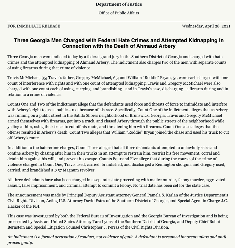 NBCPolitics's tweet photo. BREAKING: Justice Dept. indicts Travis McMichael, Gregory McMichael, and William “Roddie” Bryan with federal hate crimes and attempted kidnapping charges in connection to the death of Ahmaud Arbery. https://t.co/pZ7F7WoGC7