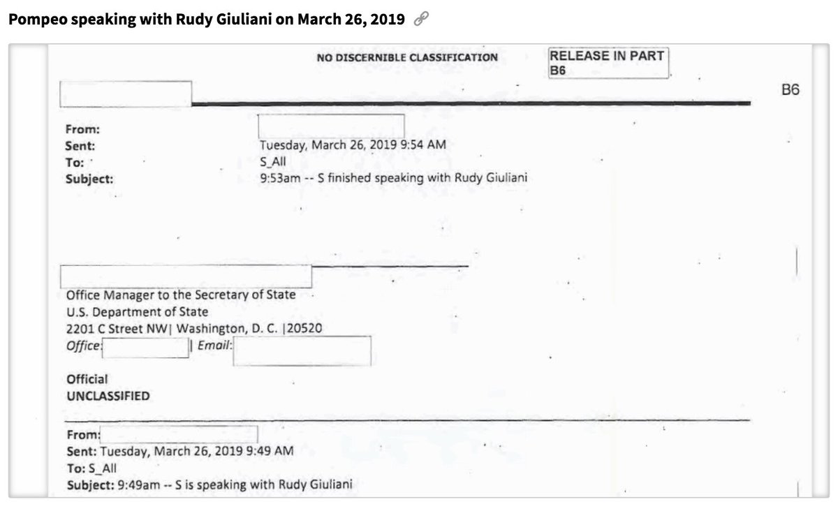 Our FOIAs and litigation uncovered records showing Giuliani was in contact with then Secretary of State Mike Pompeo in March 2019, in the midst of the effort to dig up dirt on Yovanovitch. https://www.documentcloud.org/documents/6557889-State-Department-Records-of-Giuliani-and-Ukraine.html#document/p39/a537060