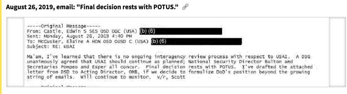 A month after that, a senior Pentagon official sent an email regarding that military aid, writing that top officials — including Pompeo — agreed that it should be released. “Final decision rests with POTUS,” the official wrote.  https://www.americanoversight.org/final-decision-rests-with-potus