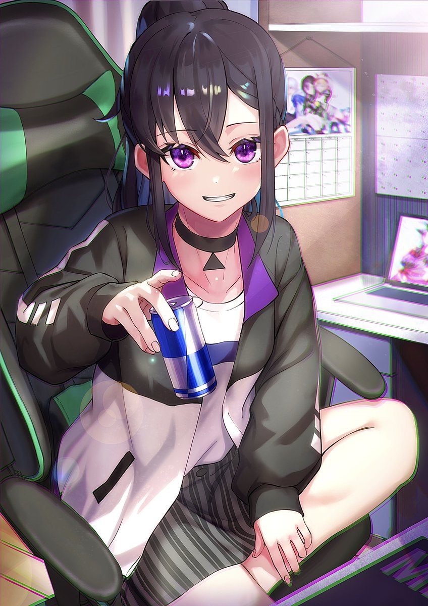 1girl jacket black hair solo smile purple eyes sitting  illustration images