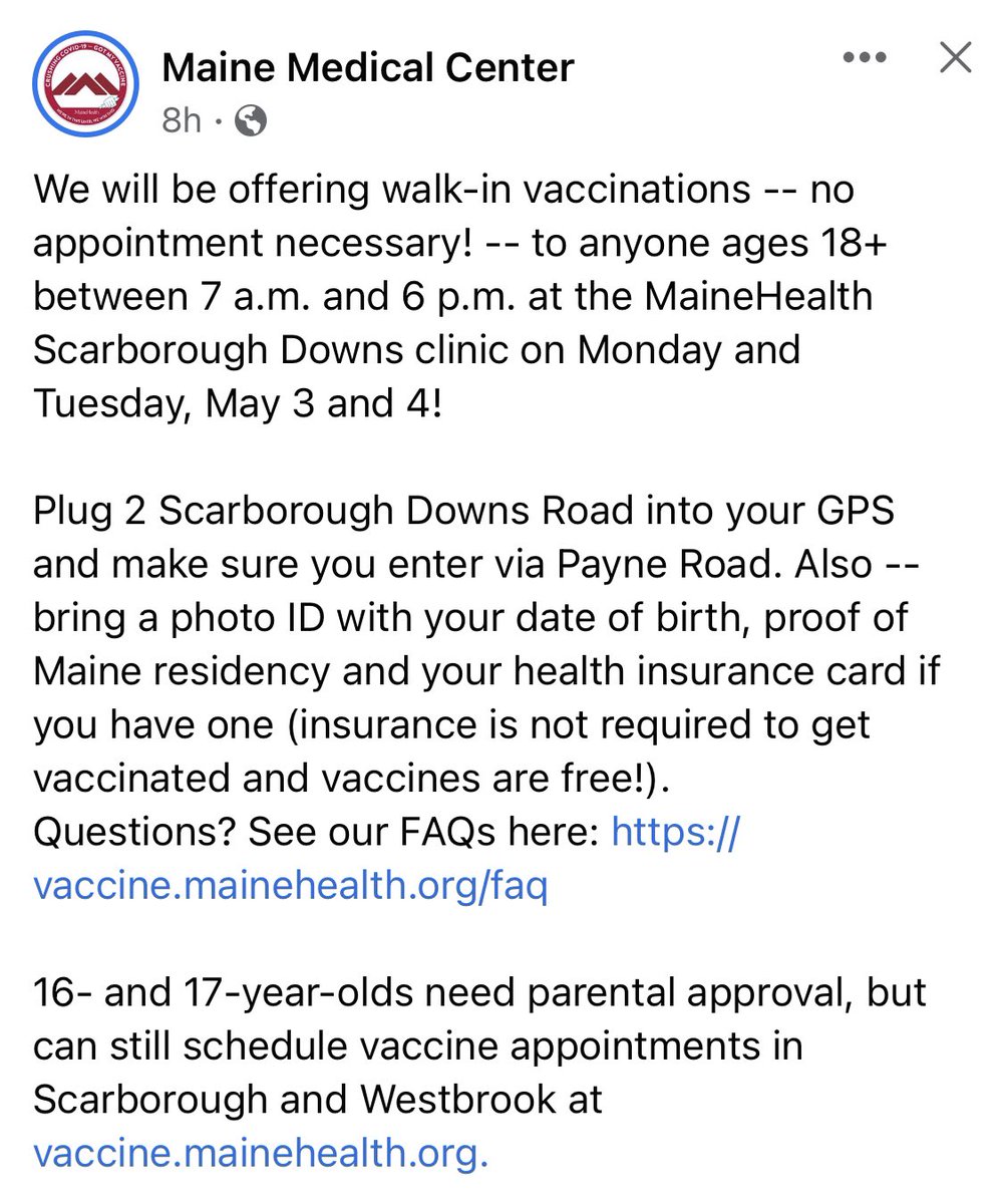 You can walk in for a vaccination at Maine Health’s Scarborough clinic on May 3rd and 4th!
