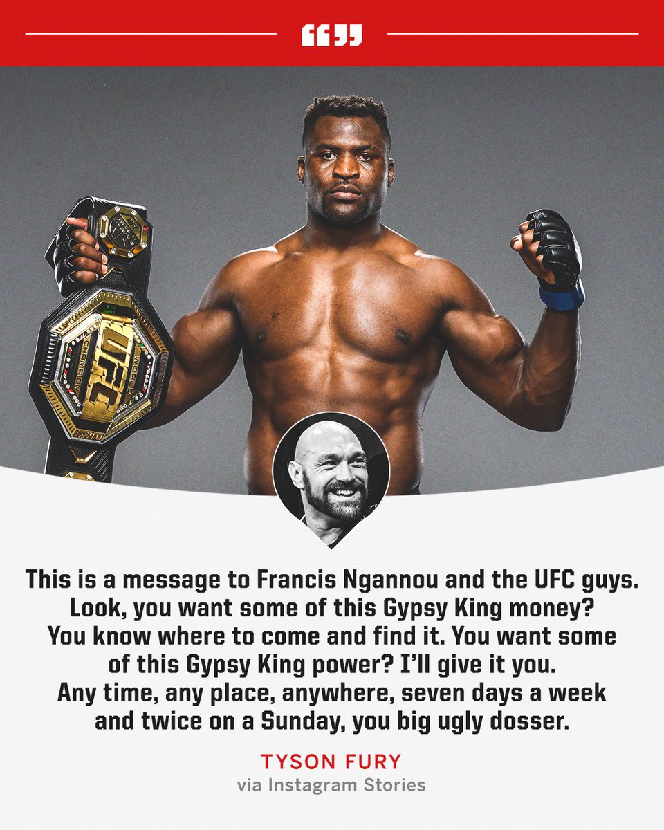 espnmma's tweet photo. Tyson Fury sent a message to Francis Ngannou, who sent one right back 👀

(via @Tyson_Fury, @francis_ngannou) https://t.co/Ml8KPeo2vt