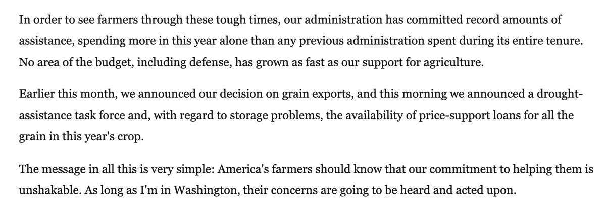 Reagan giving that quote was literally him going “okay, yeah, i’m for smaller govt, but until we get my ideas passed, we are gonna spend SO MUCH MONEY helping out farmers”and now it gets trotted out… to argue against federal aid, period https://www.washingtonpost.com/archive/politics/1986/08/13/transcript-of-president-reagans-news-conference/bceaa7d7-a544-4c4e-8af1-51f303a00e25/