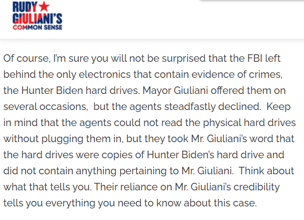 RUDY GIULIANI tried to get the  @FBI agents who searched his home to take "the Hunter Biden hard drives ... but the agents steadfastly declined," according to a statement tonight from Giuliani's lawyer, BOB COSTELLO.  https://rudygiulianics.com/2021/04/28/statement-by-robert-j-costello-on-april-28-2021/