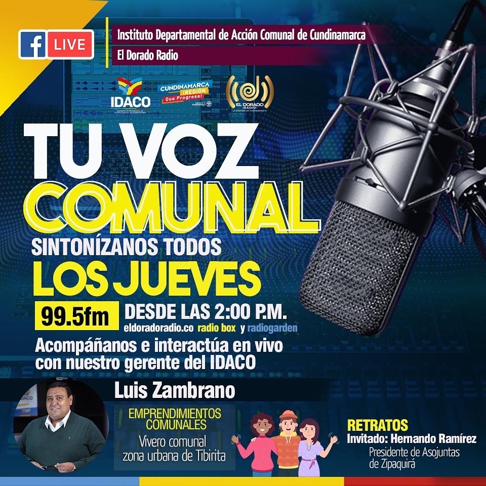 Idaco_Cundi's tweet photo. Sintonízanos e interactúa en vivo con nuestro gerente @LuisHZH; tendremos como invitados especiales el presidente de Asojuntas de Zipaquirá y la presidenta María Antonia Arévalo de la JAC Zona Urbana de Tibirita.
#Idaco #Cundinamarca #RegiónQueProgresa https://t.co/KjOEav9jl7