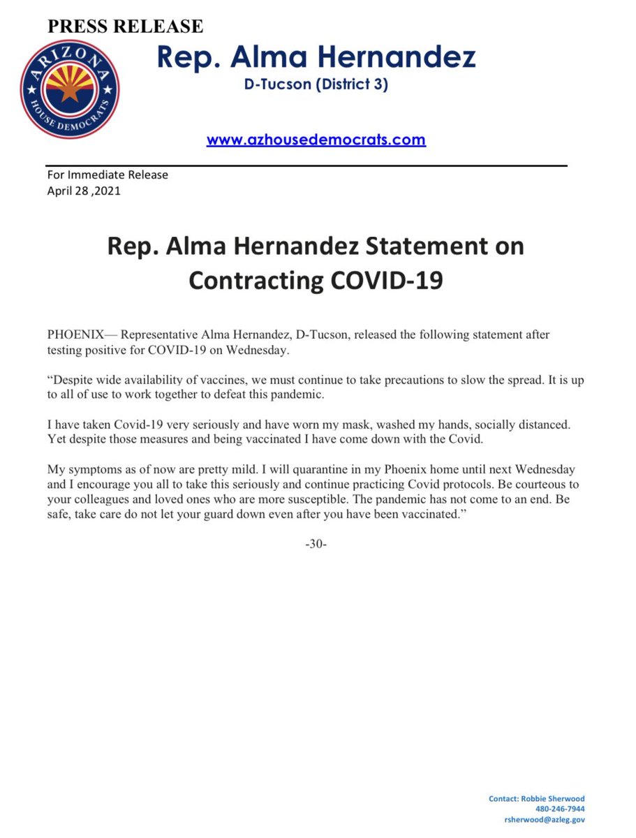 almaforarizona's tweet image. I, unfortunately, tested positive for #COVID19  today. What sets me apart from millions of Americans who have come down with Covid is that I'm 11 weeks out since my @pfizer vaccine. Please do not let your guard down even after the vaccine. Read my statement below. Be safe.