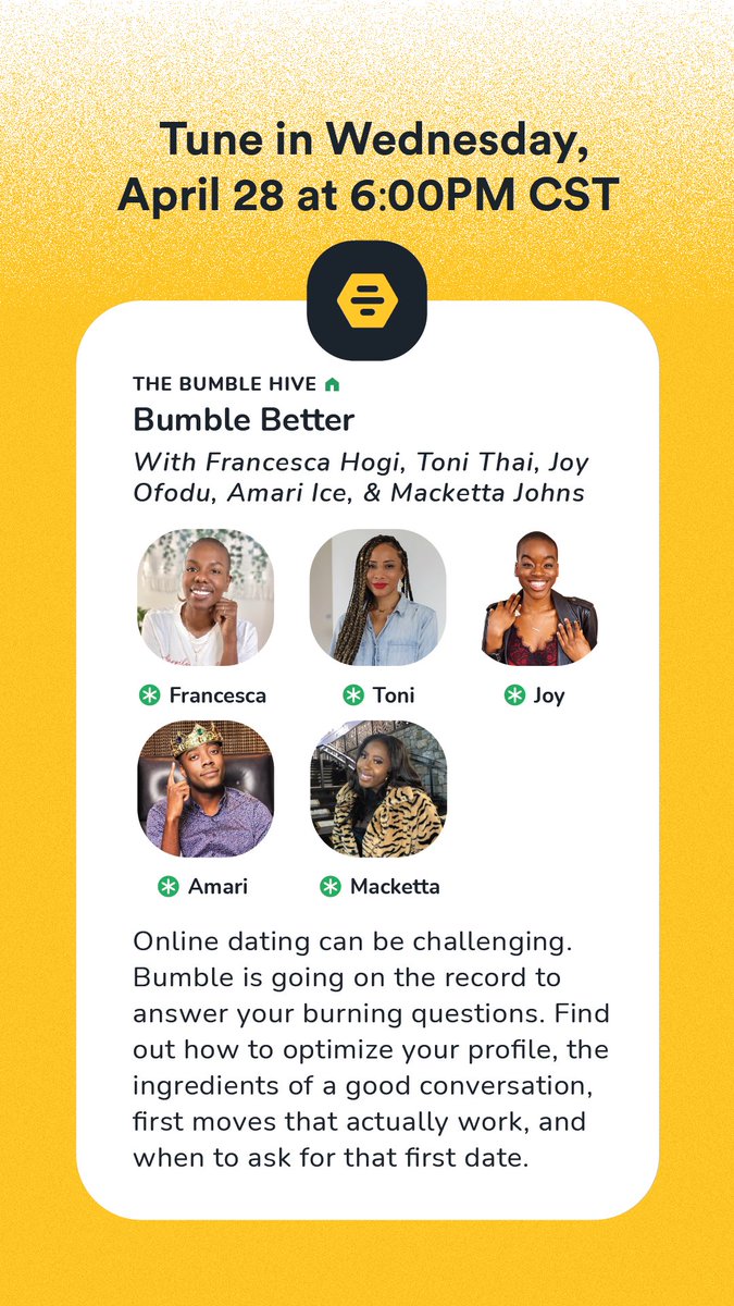 We’re starting in 30 mins! Join me, @ToniThai @PrinceAmari @JoyOfodu to learn how to @bumble better! 💛@joinClubhouse joinclubhouse.com/event/xjv6o6pJ