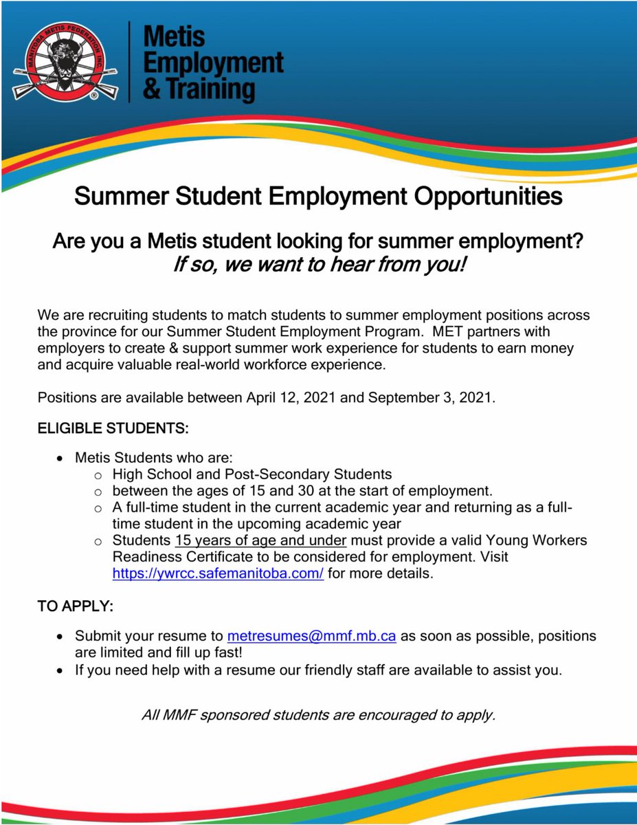 MBMetis_MMF's tweet photo. The MMF Metis Employment &amp; Training Department is offering a Summer Student Employment Program! There are various positions running between April 12 to September 3, 2021. Submit your resumes to metresumes@mmf.mb.ca soon, as spots will fill up quickly!

#MetisNation #Metisjobs https://t.co/KoBkJq1PvO