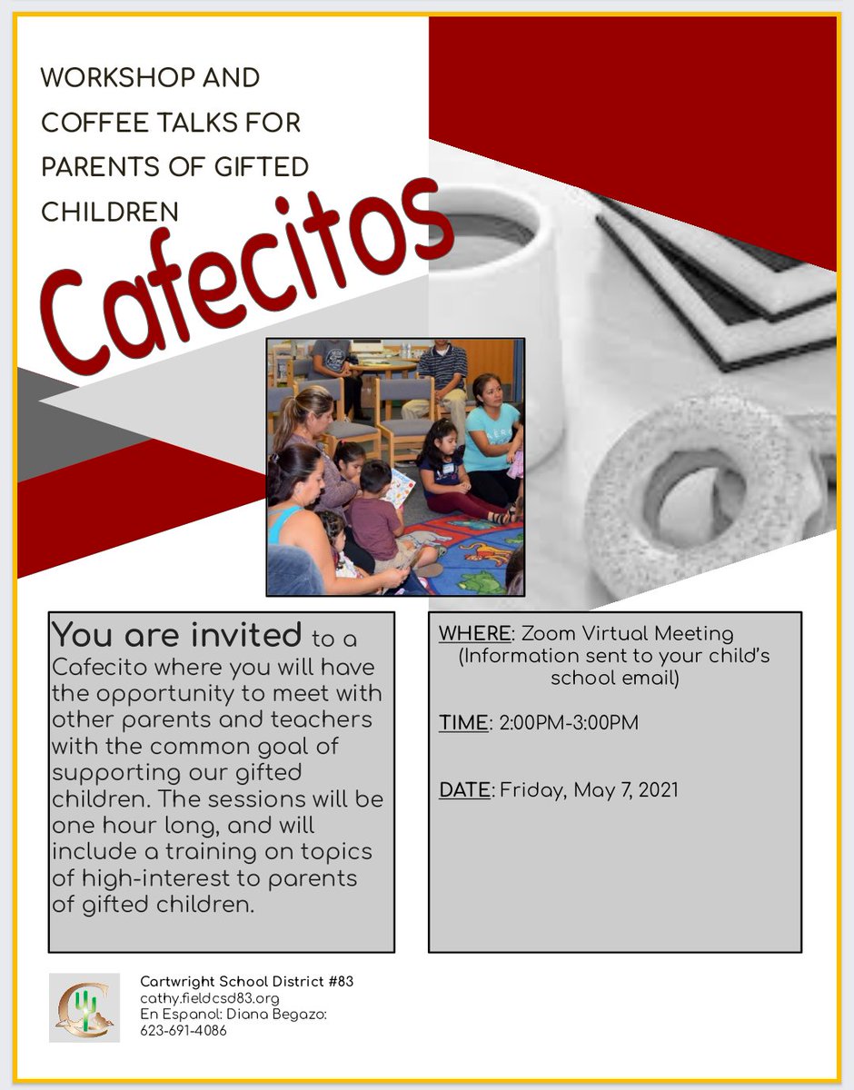CESD83GATE's tweet photo. Gifted Parent Cafecitos Friday, May 7 from 2-3. #oneteamunafamilia #cartwrightgate https://t.co/bgvPop9lk9