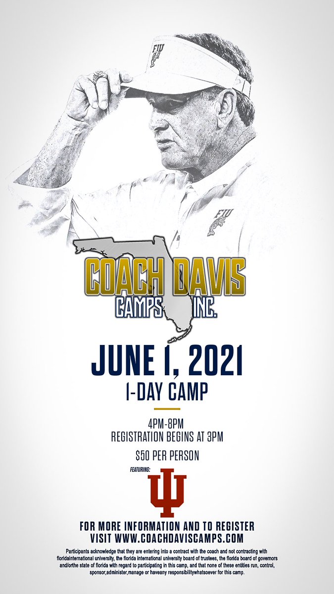 FIUFootball's tweet photo. Just a little over a month away from the return of Coach Davis Camps! 

Some big updates to the following dates:

-June 1 featuring @IndianaFootball 
-June 7 featuring @FSUFootball 

Visit https://t.co/YAmn90fiKM for more information and to register!

#PawsUp 🐾 I #PantherPride https://t.co/93zqxbd2iB