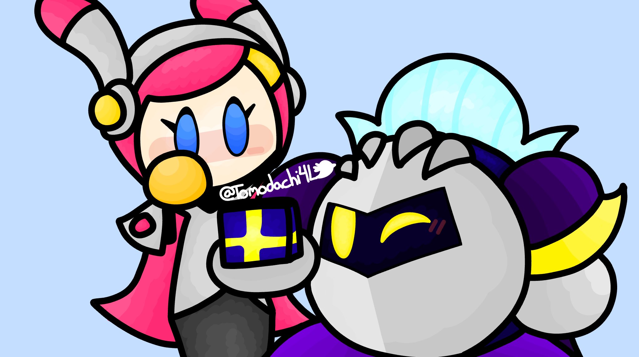 Tomodachi4life Commissions Open 0 2 Also Happy Birthday Susie D Meta Knight Has A Li L Gift For Her Metaknight Susie Kirbyplanetrobobot Kirby Kirbyfanart ロボボプラネット5周年 星のカービィ カービィ Nintendo Art Artwork