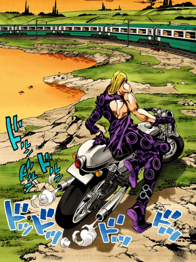 shittyanimedets's tweet photo. To demonstrate that La Squadra Esecuzioni from JoJo's Bizarre Adventure: Vento Aureo (1995) are threats to be taken seriously, one of the members is shown successfully following the damn train. https://t.co/PDZnAGKZdM