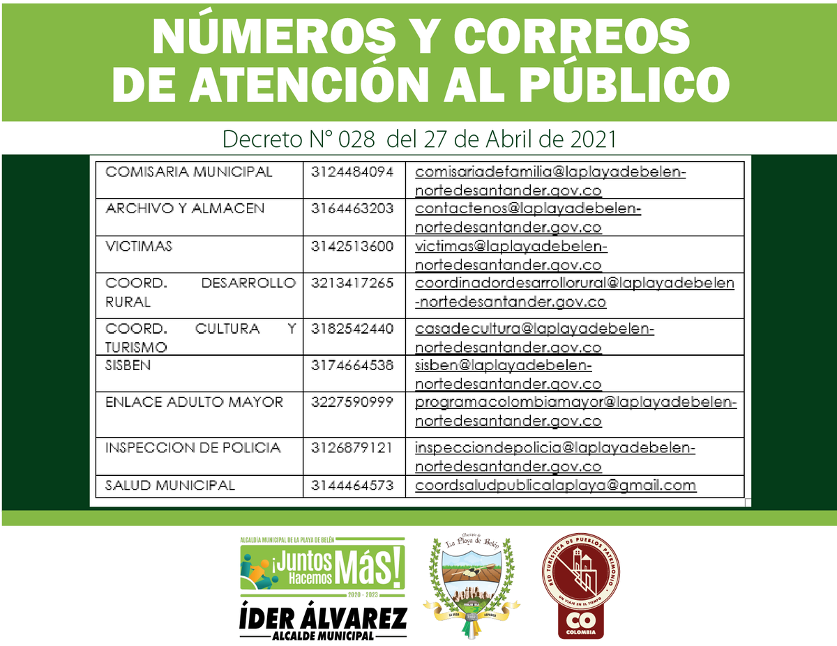AlcLaPlaya's tweet photo. La Alcaldía Municipal en cabeza del Alcalde Íder Álvarez  da a conocer el decreto N° 028 del 27 de abril de 2021 Por el cual se suspende la atención presencial al público en las instalaciones de la Alcaldía Municipal de La Playa de Belén
+Info: https://t.co/6YtFpX7UDK https://t.co/edOD7gKy4x