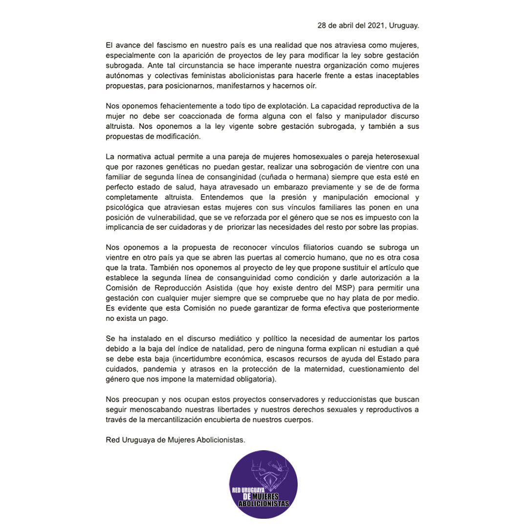 Declaración de la Red Uruguaya de Mujeres Abolicionistas (U.M.A) sobre proyectos de ley que legitiman nuestra explotación reproductiva.