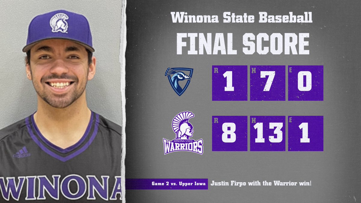 Winona State Warriors (@winonastateath) on Twitter photo Warrior Baseball | vs. Upper Iowa Game 2
<a href="/WinonaStateBase/">Winona State Baseball</a> sweeps the Peacocks w/ strong outing from Justin Firpo, who gets the Warrior win. Sam Kohnle goes 3-for-4 w/ a double. WSU moves to 20-12, 17-10 in NSIC.
Go Warriors! Warrior Baseball | vs. Upper Iowa Game 2
<a href="/WinonaStateBase/">Winona State Baseball</a> sweeps the Peacocks w/ strong outing from Justin Firpo, who gets the Warrior win. Sam Kohnle goes 3-for-4 w/ a double. WSU moves to 20-12, 17-10 in NSIC.
Go Warriors!