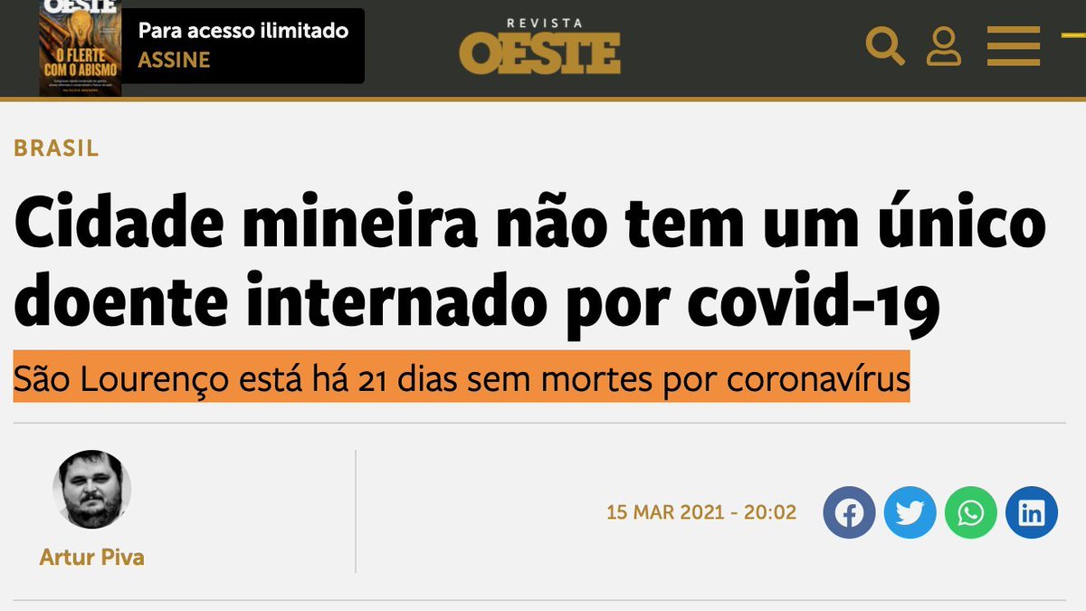 A segunda matéria censurada foi essa. A revista afirmava que a cidade de São Lourenço estava "há 21 dias sem mortes por coronavírus". Apontou também que o prefeito teria apostado no "tratamento precoce" contra a doença. Dados oficiais mostram que a afirmação estava incorreta.