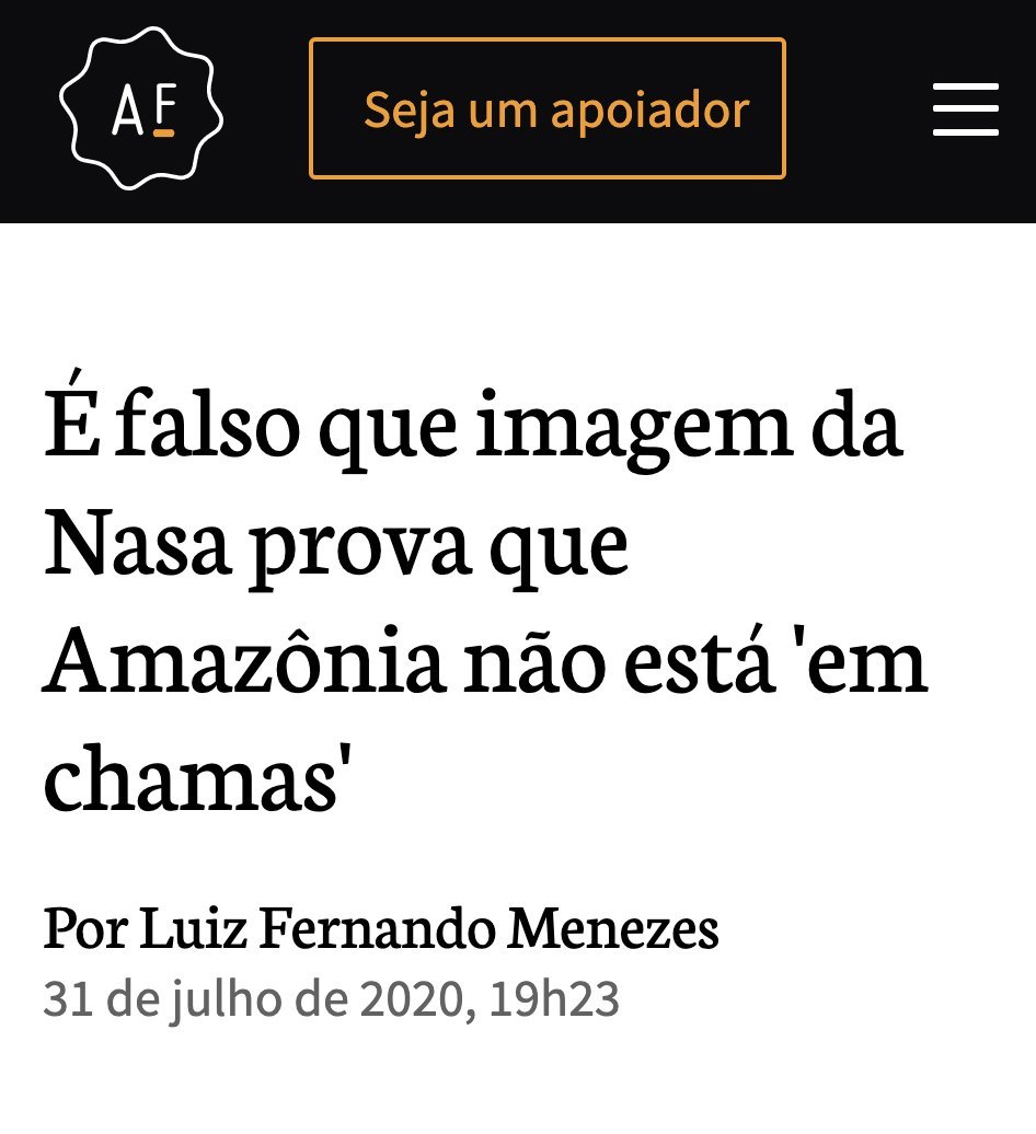 A primeira postagem da  @aosfatos censurada foi essa aqui. A revista afirmava que uma imagem da Nasa comprovava que que a Amazônia não estava em chamas "conforme noticiado pela imprensa". Imagens do Inpe e do próprio sistema da Nasa, porém, apontavam o contrário.