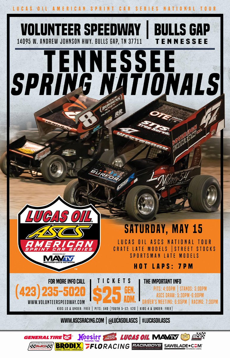 TheGap_VolSpdwy's tweet photo. Make plans to attend the @LucasOilASCS on SATURDAY, MAY 15 @TheGap_VolSpdwy
#LucasOilAmericanSprintCarSeries
#TennesseeSpringNationals
#VolunteerSpeedway https://t.co/oKCsCePBhr