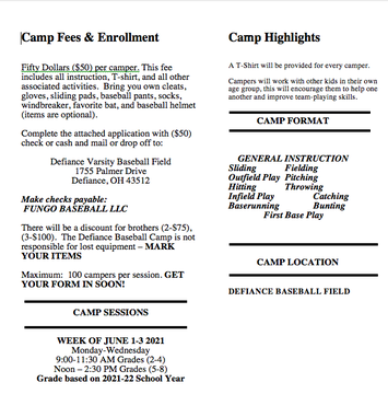 Defiance Baseball Camp - June 1-3. Open to all communities. Grades 2-8 (2021-22)