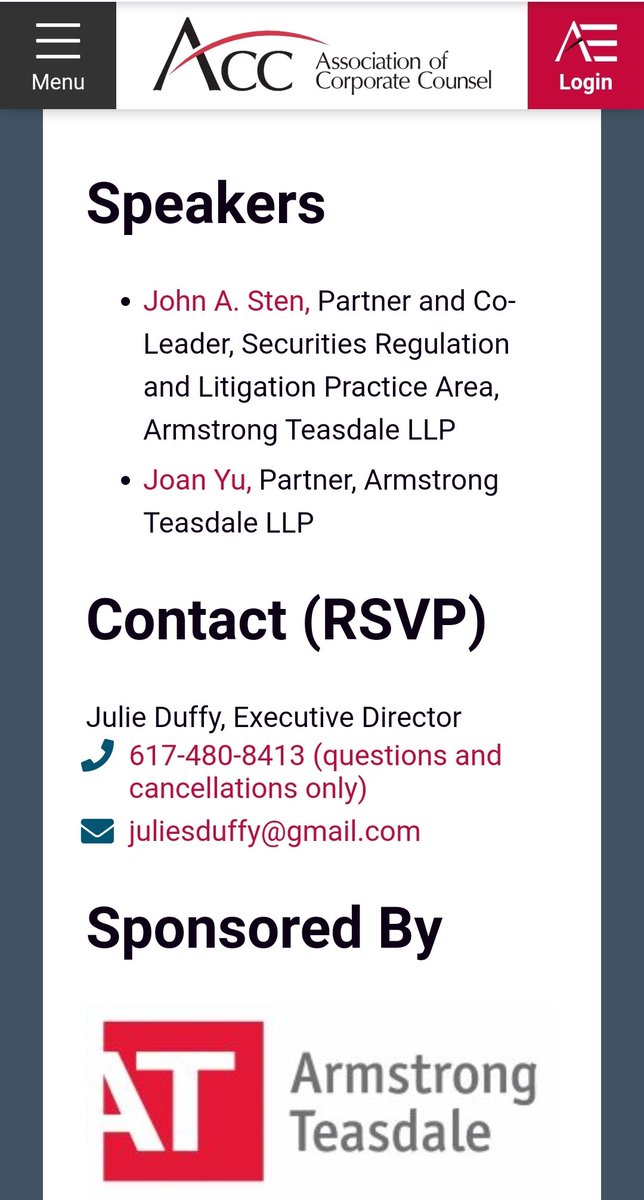 Check out WEBINAR - Transatlantic #SPACs: Navigating the Waters in the U.S. and U.K. by <a href="/AT_Law/">Armstrong Teasdale</a> <a href="/ACCinhouse/">Association of Corporate Counsel</a>

Looking forward to hearing from Joan Yu and John Sten tomorrow.

CC <a href="/US_Fintech/">US Fintech</a>
<a href="/USTechFin/">USTechFin</a>
<a href="/UK_Fintech/">UKFintech</a>
<a href="/FinTechIreland/">ᖴIᑎTEᑕᕼ IᖇEᒪᗩᑎᗪ 🇮🇪</a>
<a href="/NIFintech/">FintechNI</a>
<a href="/dgoconnell/">Daniel O'Connell</a>

acc.com/education-even…