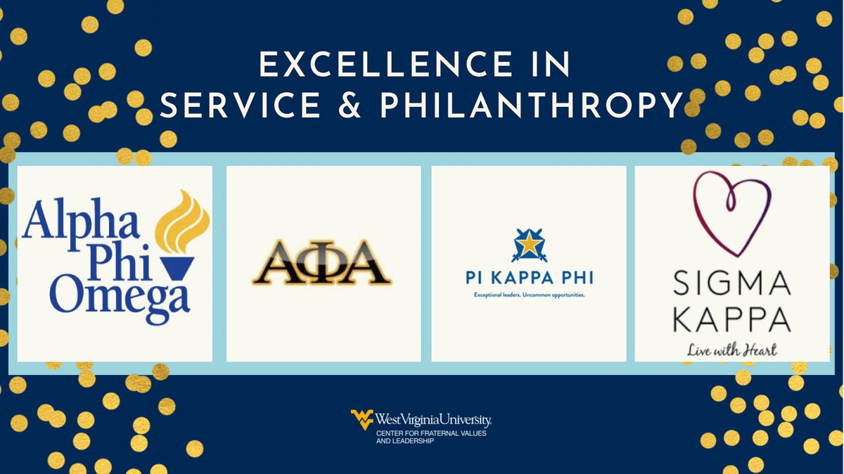 Excellence in Service and Philanthropy <a href="/WVUAPO/">WVU Alpha Phi Omega</a> <a href="/PiMuAlphas/">ΑΦΑ Pi Mu Chapter</a> <a href="/WVUPiKapp/">WVU Pi Kappa Phi</a> <a href="/sigmakappawvu/">Sigma Kappa</a>