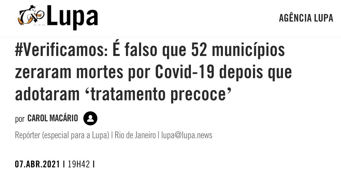 Inclusive o boato de que cidades que usaram tratamento precoce zeraram mortes por Covid-19 se espalhou na internet. A cidade de São Lourenço estava entre elas.Alguns dias depois da matéria da Revista Oeste, porém, a cidade apresentava lotação nos leitos de UTI por Covid.