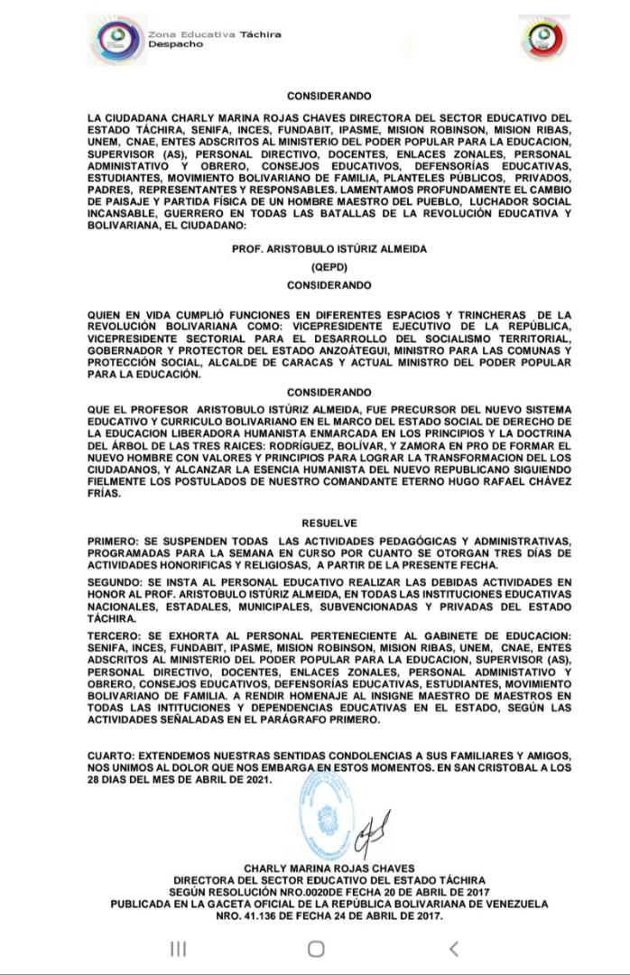 #Entérate II Se suspenden todas las actividades pedagógicas y administrativas programadas para la semana en curso por cuanto se otorgan 3 días de actividades honoríficas y religiosas, a partir de la presente fecha 
#AristóbuloPorSiempre❤️🕊️🌹
@MPPEDUCACION 
<a href="/charlychaves/">Charly Rojas Chaves</a>