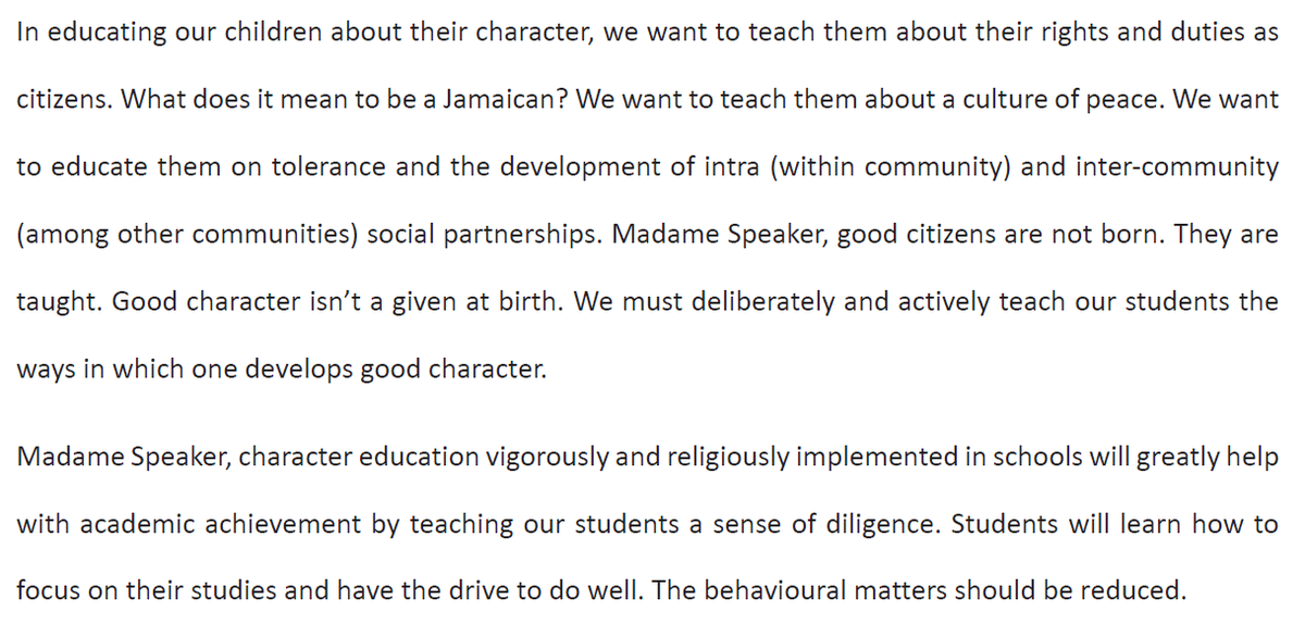 Williams says "character education" to be part of curriculum in schools. It will also have an exam component. Uniformed groups (Cadets, Scouts,Red Cross, 4H, Rangers, among others) to become prominent.