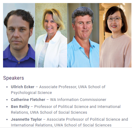 UWApsych's tweet photo. 📢Join our @UlliEcker at the @UWAPPI Public Policy Institute's May 27 event "Promoting democratic renewal and inclusion in WA–what can be done?" - the panel will discuss combating misinformation, enhancing public trust, regulating political financing &amp; supporting whistleblowing. https://t.co/DTHyyiv0SZ