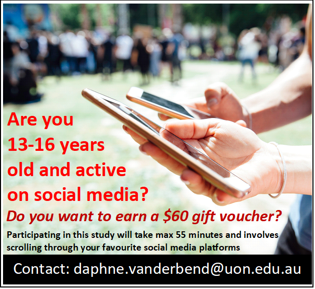 Professor Tamara Bucher (@tambucher) on Twitter photo We are looking for teenagers to participate in a study about food advertisements on social media - They can participate remotely via zoom - to get more information and participate contact
<a href="/daphnevdbend/">Daphne van der Bend</a> We are looking for teenagers to participate in a study about food advertisements on social media - They can participate remotely via zoom - to get more information and participate contact
<a href="/daphnevdbend/">Daphne van der Bend</a>